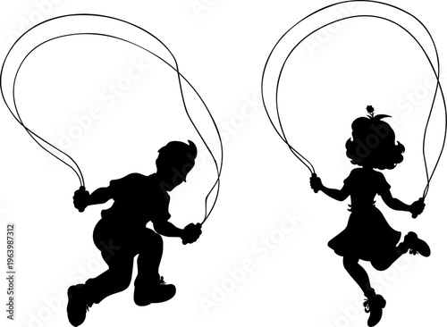 Dynamic silhouette of a fit couple jumping rope together,performing an active skipping exercise.for sports branding, gym marketing materials, and wellness-themed