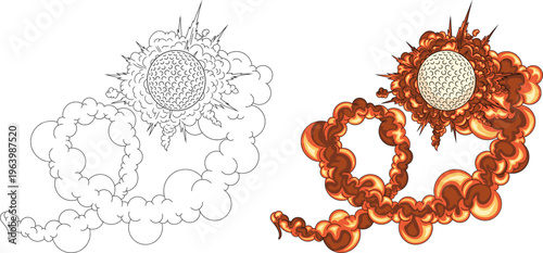 High-speed golf ball soaring through the air creating a fiery explosion and smoke trail.vibrant flames with smoke trails color.for sports energy, golf tournaments, and dynamic action concepts.