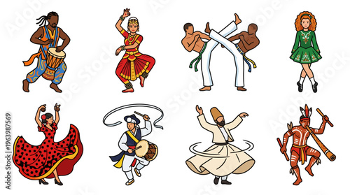 World Traditional Dance and Cultural Performance Illustrations Collection Set