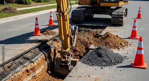 Excavator digging road trench with construction cones and loose dirt on pavement. Excavator is engaged in road work, digging a trench surrounded by safety cones and excavated materials.