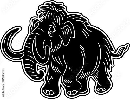 illustration of a prehistoric woolly mammoth in a bold silhouette style. Features clean outer borders and intricate internal engraved details to define the fur and tusks.