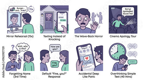 Comic strip illustrating common social anxiety and awkward social situations
