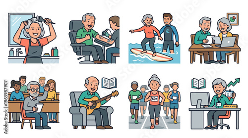 Active Senior Lifestyle and Lifelong Learning Cartoon Illustration Set