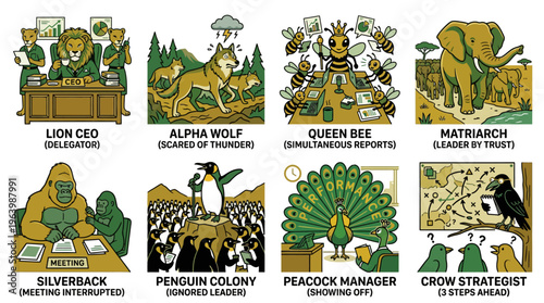 Animal leadership archetypes and business management styles illustration