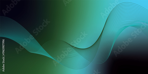 Bright azure, green and black glowing ribbons sweeping upward from a deep shadowed base across a subtle grainy textured backdrop with soft luminous highlights, modern abstract banner design.