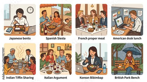 Global lunch habits and cultural eating traditions illustration set