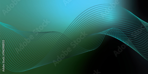 Bright azure, green and black glowing ribbons sweeping upward from a deep shadowed base across a subtle grainy textured backdrop with soft luminous highlights, modern abstract banner design.