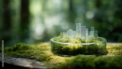 Plakat 苔の上のシャーレに広がる未来都市 スマートシティと環境共生のコンセプト