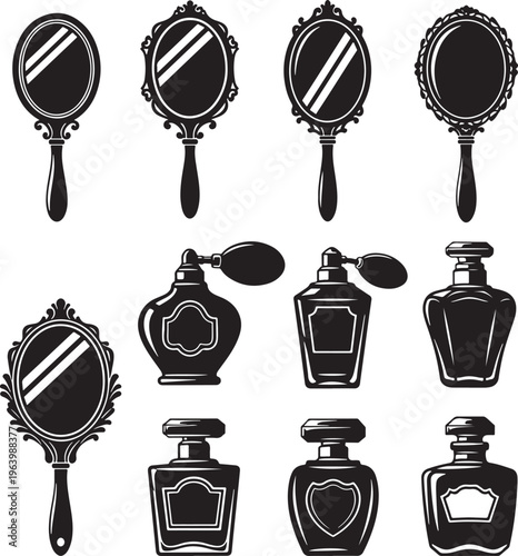 Black Silhouette of Vintage Mirrors and Perfume Bottles