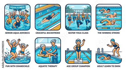 Illustrations of active seniors participating in swimming and water fitness
