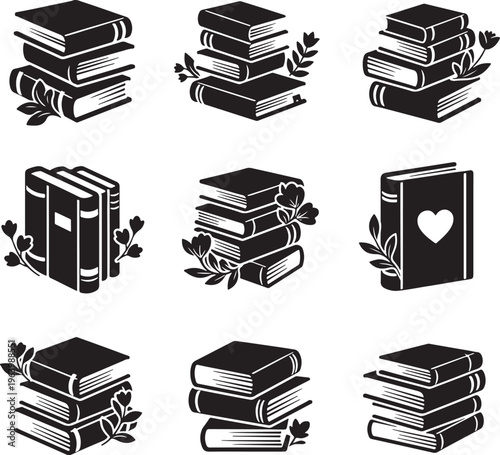 Monochrome Book Stack Illustrations with Leaves and Heart