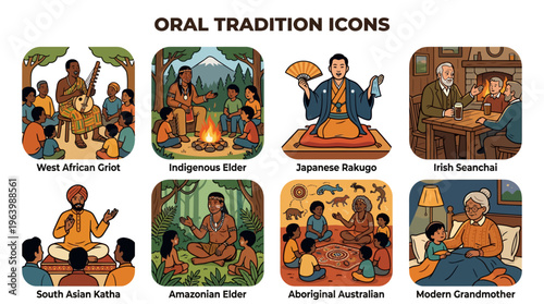 Global Oral Tradition Icons Representing Diverse Storytelling Cultures