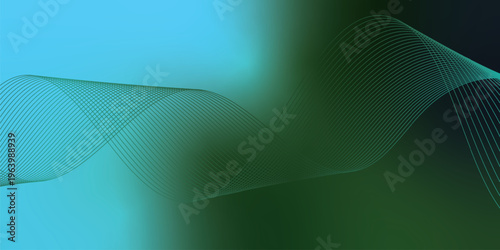 Bright azure, green and black glowing ribbons sweeping upward from a deep shadowed base across a subtle grainy textured backdrop with soft luminous highlights, modern abstract banner design.