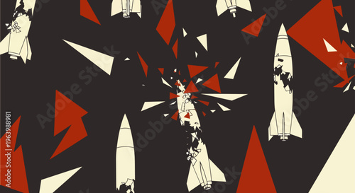 dark abstract illustration of rockets and missiles crashing and exploding depicting concepts of conflict destruction and technological failure.