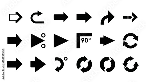 black arrow icons vector set for ui design showing direction navigation play refresh and common interface actions.