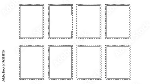 blank postage stamps and empty stamp frames with serrated border template isolated paper mock up design elements.