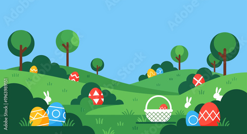 easter egg hunt with colorful easter eggs and cute easter bunny hidden in a vibrant spring landscape a fun holiday activity.