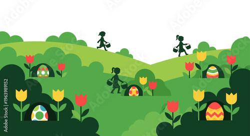 easter egg hunt with happy children searching for colorful eggs hidden in a vibrant spring landscape celebrating childhood fun