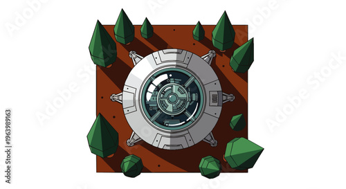 futuristic ufo spaceship embedded in alien ground surrounded by geometric trees a sci-fi technology and exploration concept.