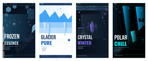 Frozen cold poster design, winter advertisement layout, arctic magazine cover, ice crystal brochure template, glacier lifestyle flyer, polar editorial branding, snowflake marketing visual