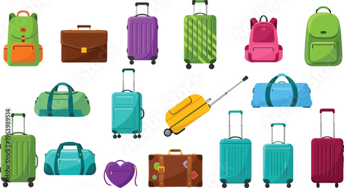 Large Collection of Colorful Travel Luggage Vector Icons Including Suitcases, Backpacks, Duffel Bags, Briefcases, and Rolling Travel Bags for Tourism and Vacation Graphics