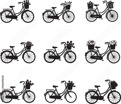 Set of 9 Minimalist Black and White Bicycle Vectors with Baskets for Design Projects