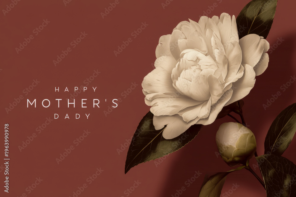Fototapeta premium Cropped ivory camellia with bold Happy Mother?s Day typography on oxblood red backdrop
