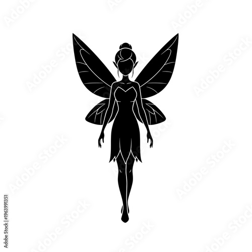 Elegant black silhouette of a mythical fairy with delicate wings, portraying a magical and enchanting fantasy creature, perfect for design elements or mystical themes