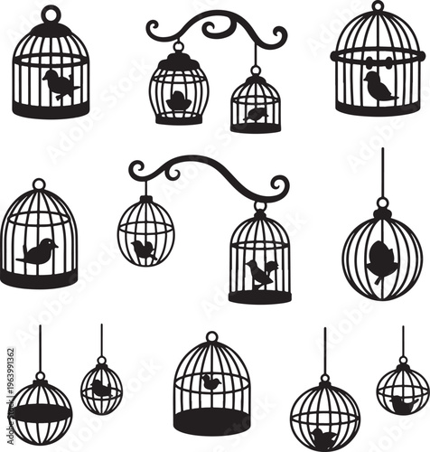Black Silhouette Birdcages with Birds Vector Illustration