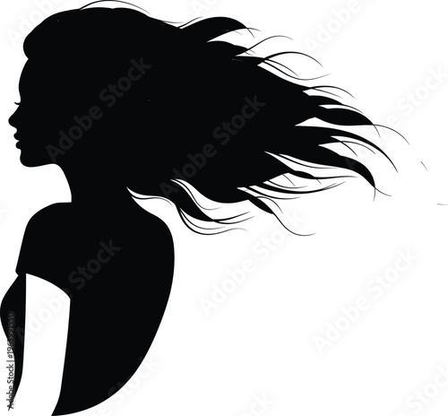 a black silhouette of a woman with long hair isolated on white background, Vector