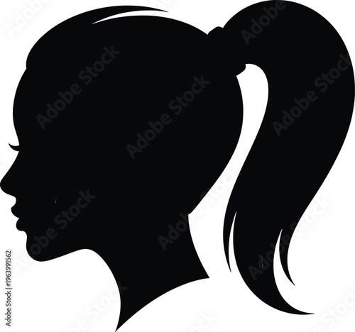 a black silhouette of a woman's head with her hair in a ponytail isolated on white background, Vector