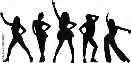 Dance silhouettes, group choreography, expressive poses, freestyle movement, performing arts, black figures, dynamic posture, stage energy, artistic motion, modern dance, vector illustration