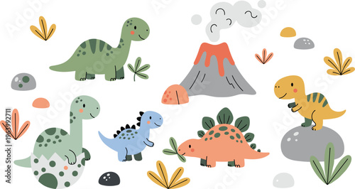 Playful Cartoon Dinosaurs in Prehistoric Landscape with Volcano and Plants - Kid-Friendly Vector