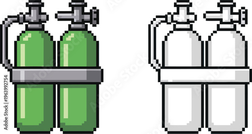 Pixel art illustration of two sets of gas cylinders, one green and one white, strapped together with handles and valves.