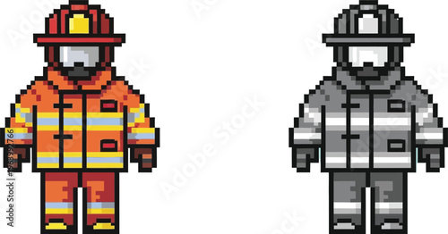 Pixel art illustration of two firefighters, one in vibrant orange and red gear, the other in grayscale, both wearing helmets and protective suits.