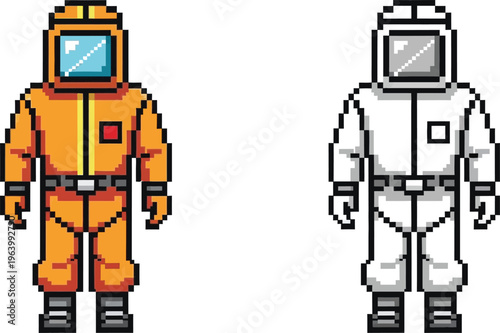 Pixel art illustration of two figures in full-body protective hazmat suits, one orange and one white, designed for hazardous material handling.