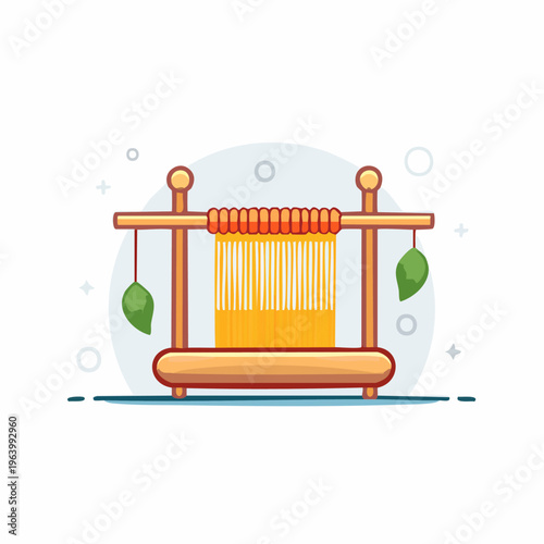 Traditional Handloom Weaving Machine with Silk Threads and Leaves.