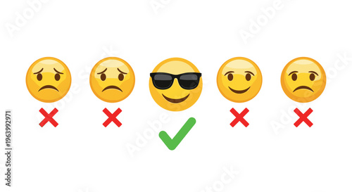 Customer satisfaction and feedback rating concept with a row of sad emojis and one cool sunglasses face with a checkmark.