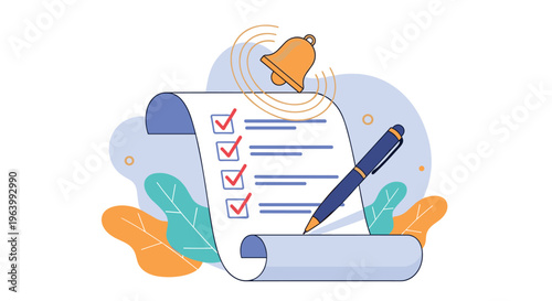 Productivity and task completion concept with a blue and white checklist, green checkmarks, a blue pen, and a ringing bell.