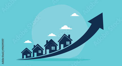 Real estate market growth and property value increase concept with a row of houses on an upward moving arrow icon.