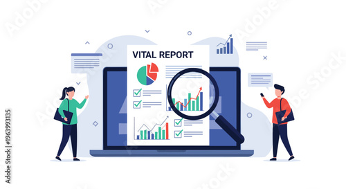 Business intelligence and performance report illustration showing a vital report document with charts on a laptop screen.