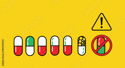 Medication safety and drug warning concept featuring a row of colorful capsules with caution and no-entry symbols.