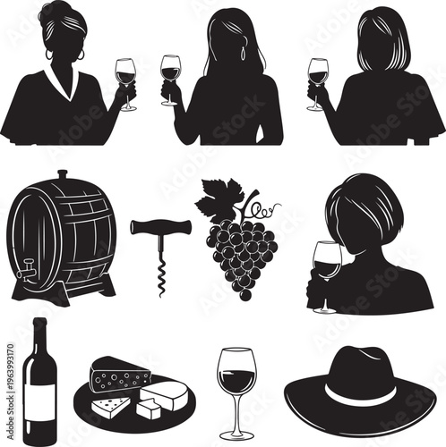 Elegant Wine Tasting and Vineyard Icon Set in Flat Silhouette Style