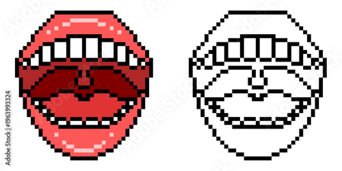 Set editable pixel mouth vector for retro dental games. Ideal for symbolizing 8-bit digital smiles, arcade style oral care, and nostalgic anatomy.