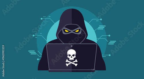 Cybersecurity threat with a mysterious hooded hacker working on a laptop featuring a skull and crossbones icon.