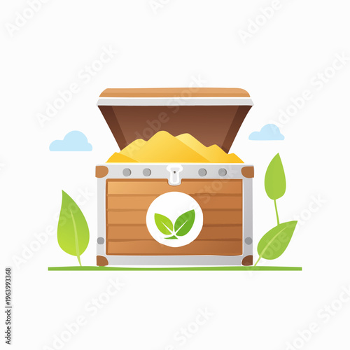 Treasure chest overflowing with golden sand and green leaves.