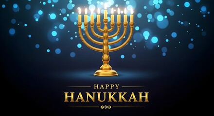 A golden menorah with the words happy hanukkah