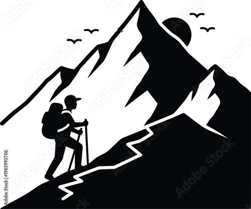 Hiker on a mountain with a backpack and trekking poles