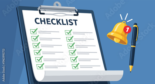 Project management and task organization concept featuring a long checklist on a clipboard with a pen and a bell.