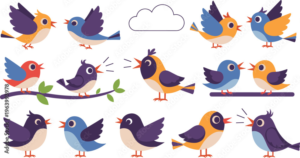 Fototapeta premium Colorful Cartoon Bird Set with Chirping, Pairing, and Branch Poses for Kids' Art, Stickers, and Designs